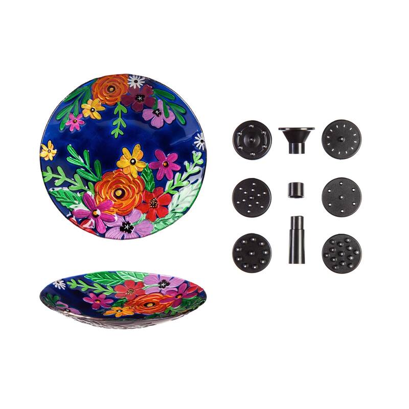 18 in. Hand painted Embossed Bright Florals Glass Birdbath with Solar Fountain