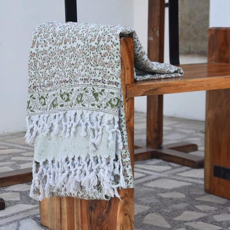 Fabdivine Keri Jaal Handcrafted Cotton Throw - Traditional Indian Block Print Blanket with Fringe, 90" x 54"