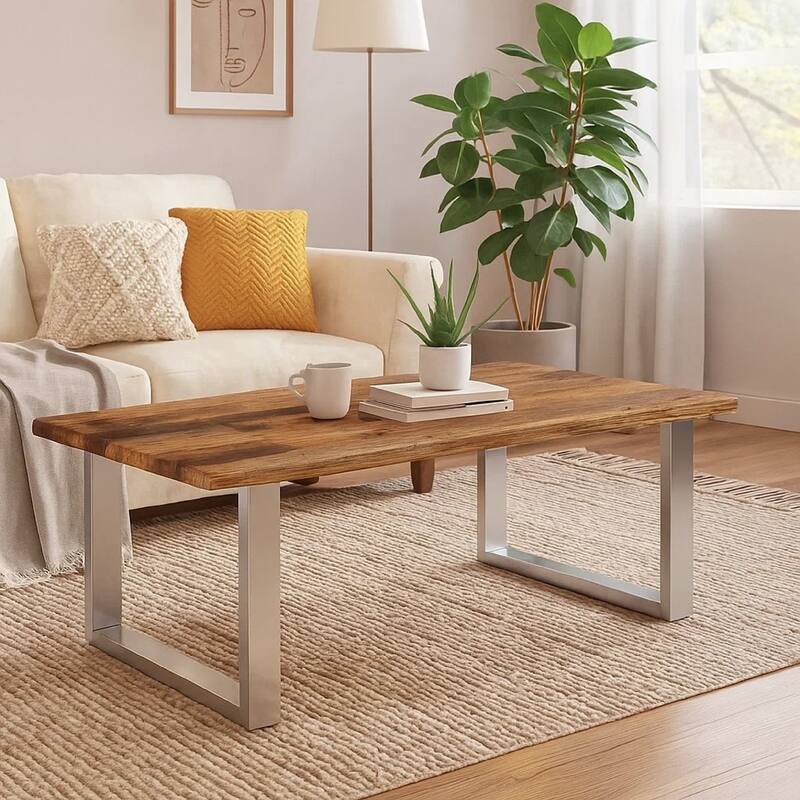 Coffee Table, 39 Inch Brown Reclaimed Wood Top, Metal Sled Base