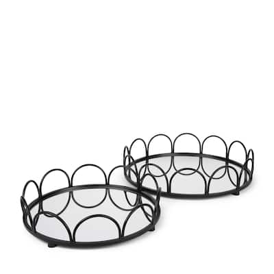 Lenore Round Metal/Mirror Tray Black (Set of 2) - 18.9L x 18.9W x 4.3H