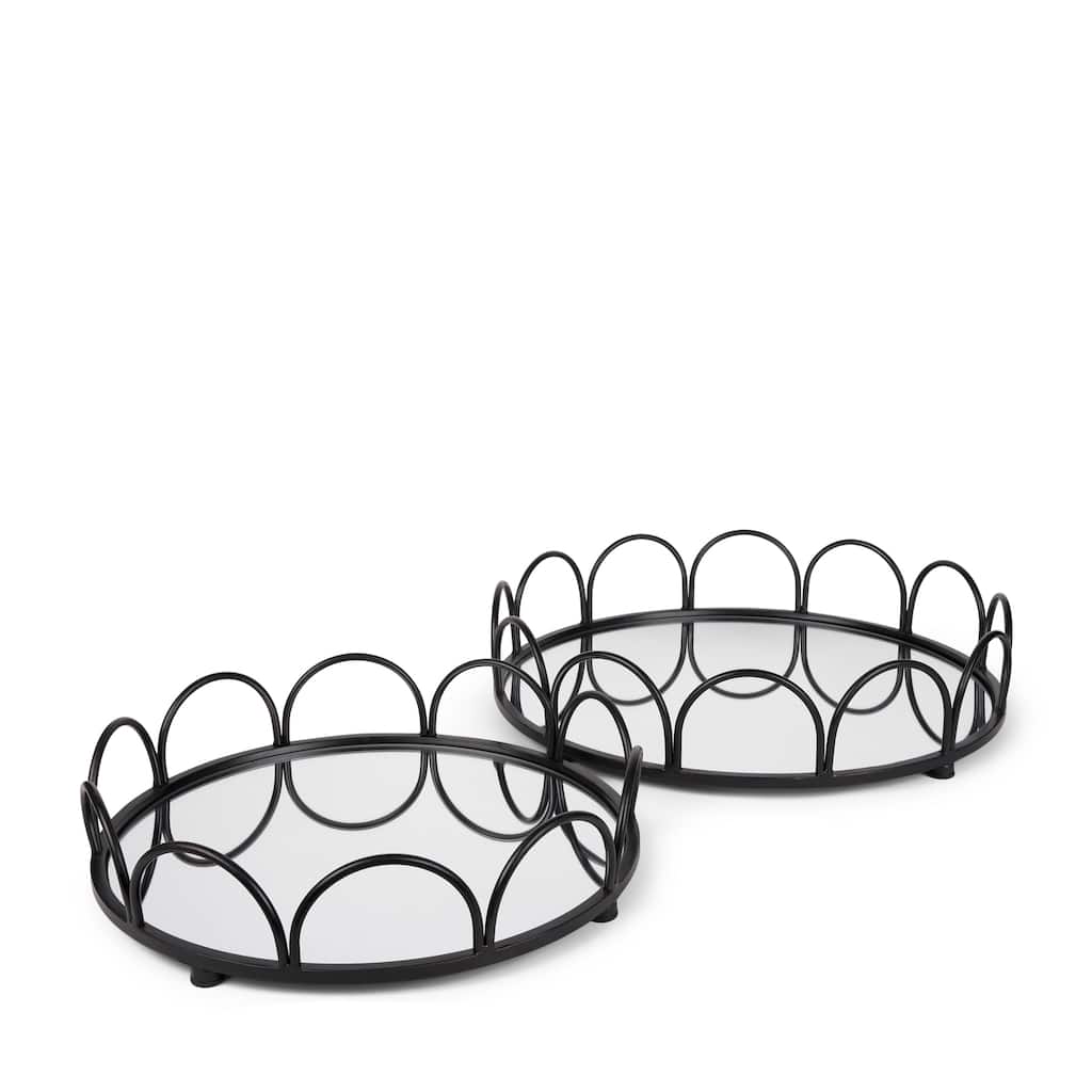 Lenore Round Metal/Mirror Tray Black (Set of 2) - 18.9L x 18.9W x 4.3H