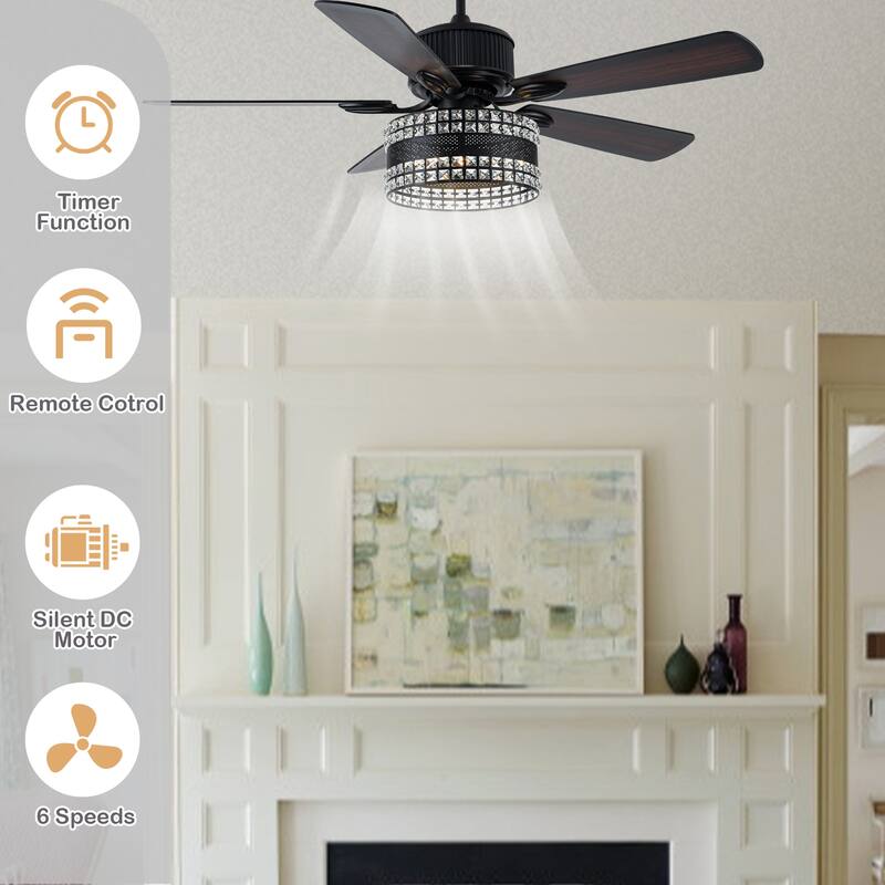Cusp Barn 52 Inch Industrial Crystal Ceiling Fan, Modern Indoor Outdoor Lighting Fixture with Dual Finish Blades for Living Room