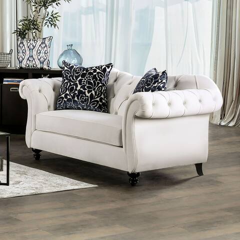 Furniture of America Addae Glam White Fabric Button Tufted Loveseat