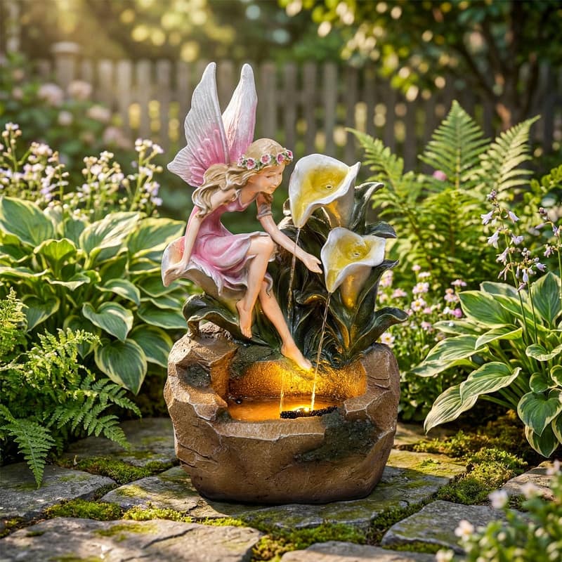 Outdoor Fairy & Calla Lily Water Fountain with Fairy-Tale Garden Style and Lights
