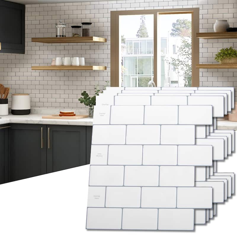 Art3d 12"x12" Backsplash Tile for Kitchen, Peel and Stick Subway Tiles,White with Grey Grout,10-Sheet