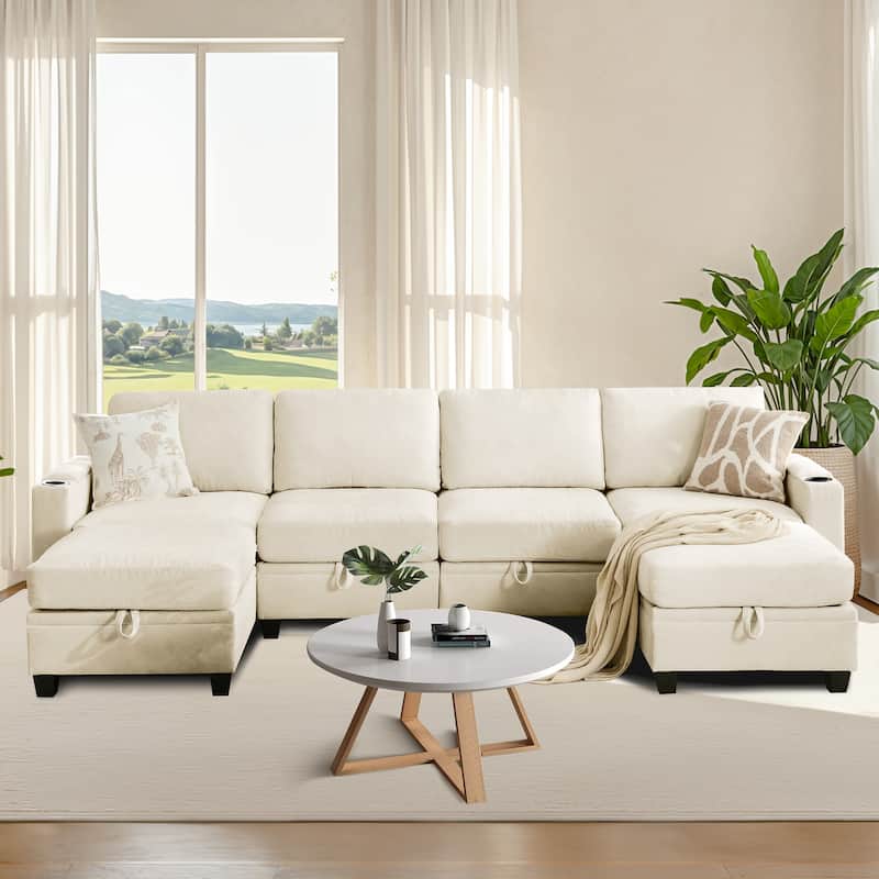 Chenille Sectional Sofa, Hidden Storage & Modular Design