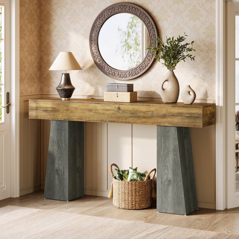 Industrial Console Table with Heavy-Duty Double Pedestal for Entryway