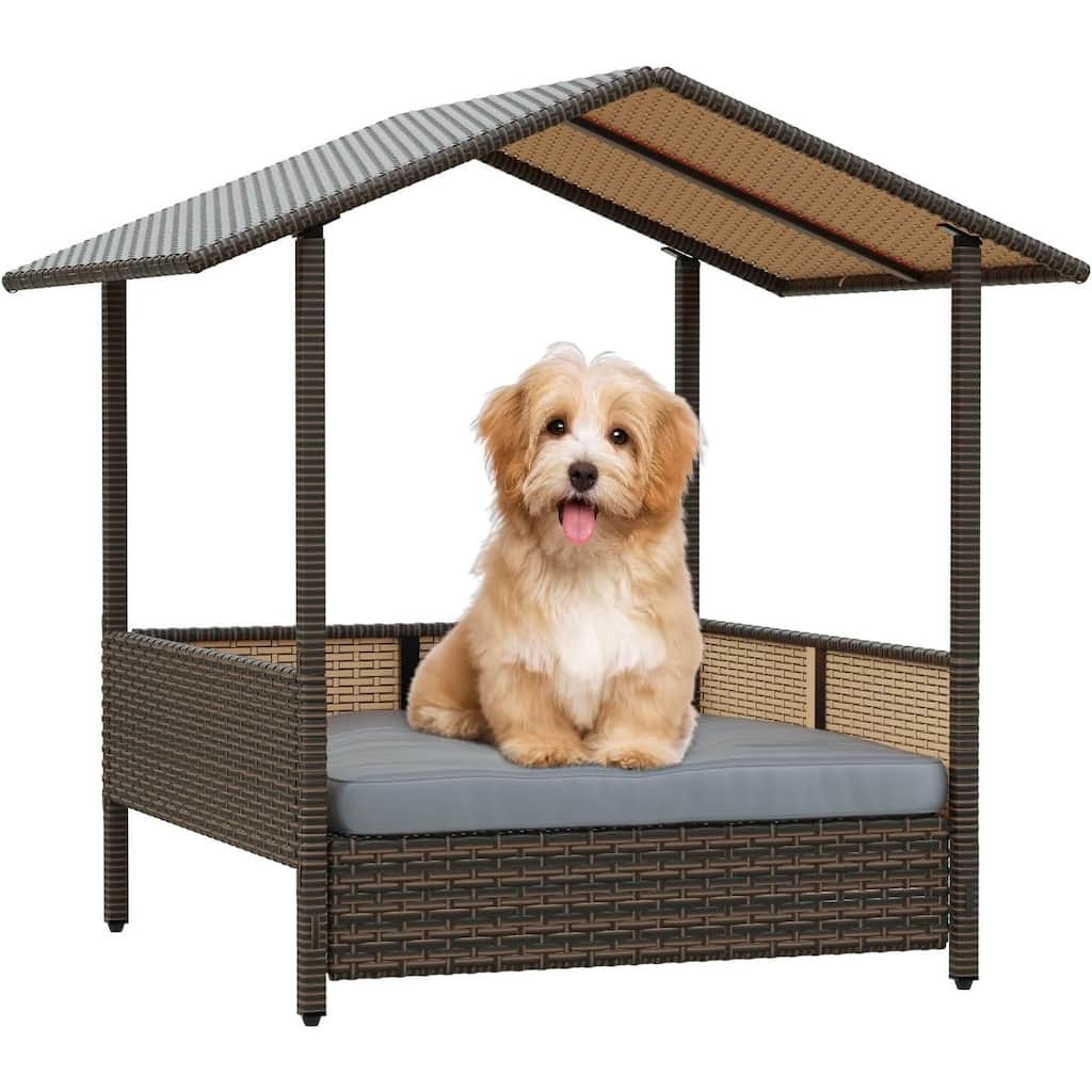 BOSSIN PE Rattan Dog House with Canopy - Indoor/Outdoor Shelter for Small/Medium Dogs, Removable Cushion - Patio,Yard, Poolside