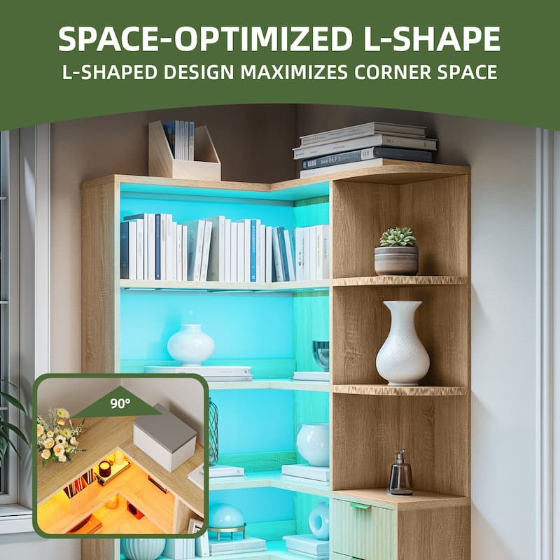 Moasis Modern LED Corner Bookshelf Fluted Bookcase with Drawers for Living Room