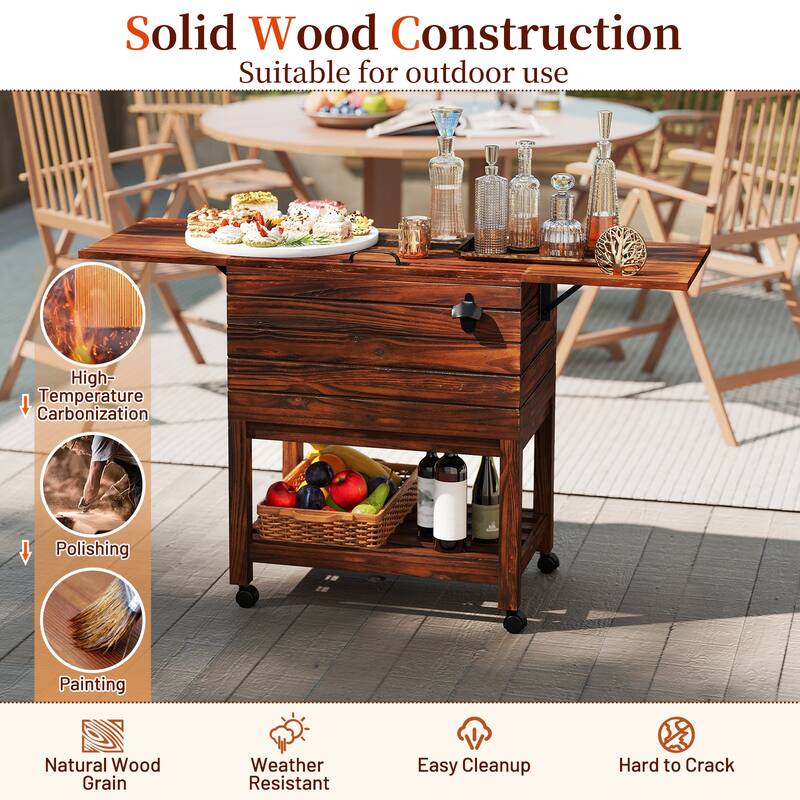 Rustic Brown Pine Wood Patio Cooler 54QT with Wheels and Folding Shelves - 50" L x 16.5" W x 29" H