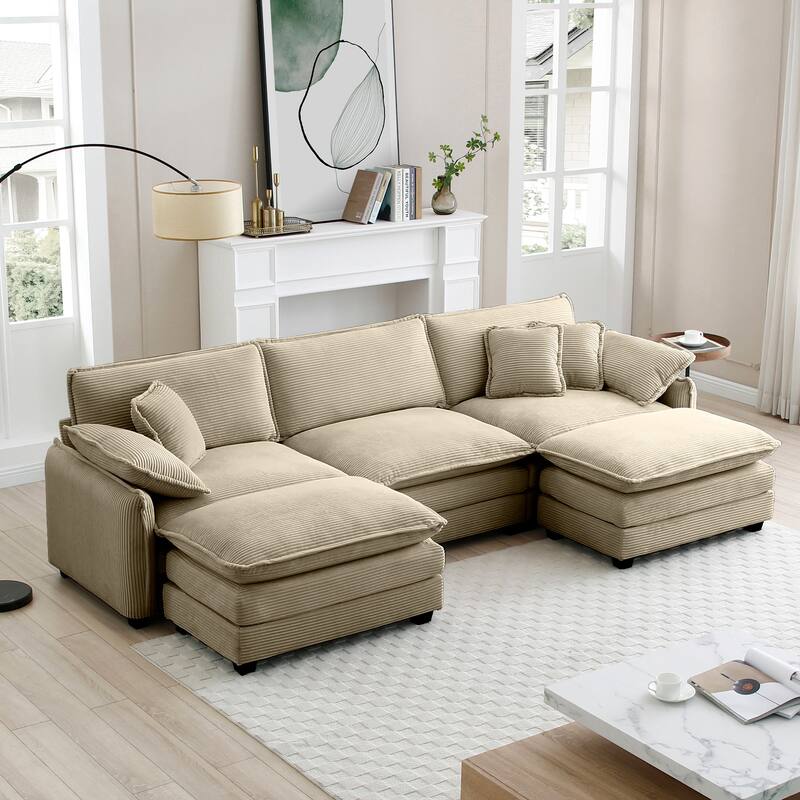Tan 5-Piece Corduroy U-Shaped Modular Sectional Sofa with 2 Ottomans - Tan