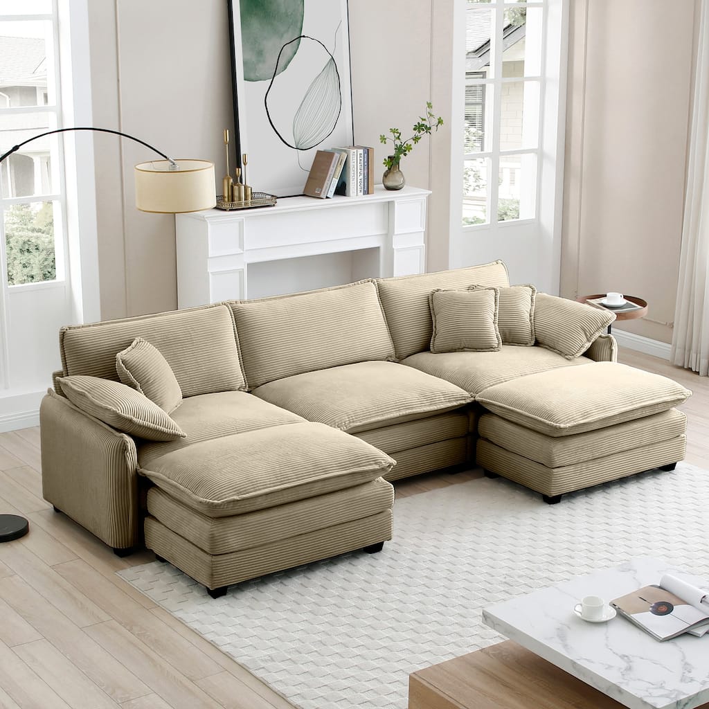 Tan 5-Piece Corduroy U-Shaped Modular Sectional Sofa with 2 Ottomans