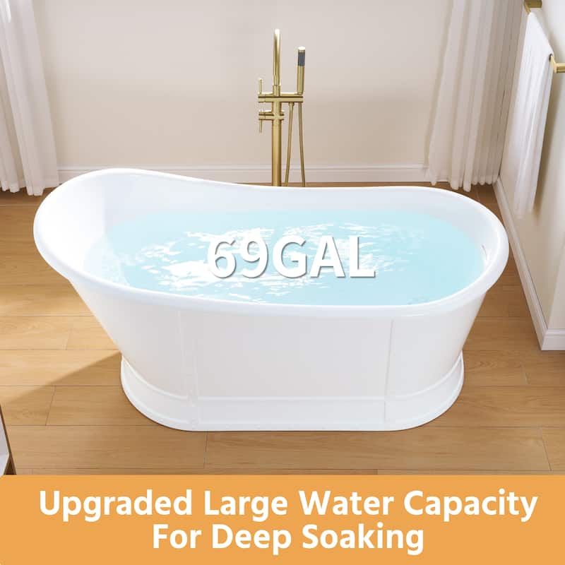 66'' W,69 GALLONS Freestanding Acrylic Soaking Bathtub With Drain And Overflow Holes