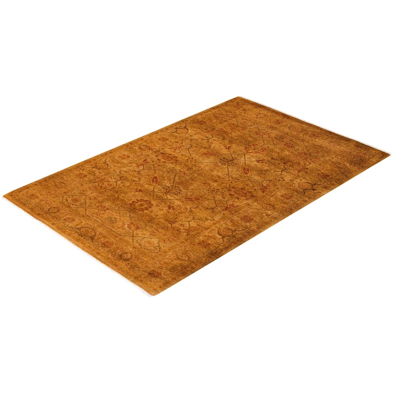 Overton Hand Knotted Wool Vintage Inspired Modern Contemporary Overdyed Gold Area Rug - 3' 3" x 4' 10"