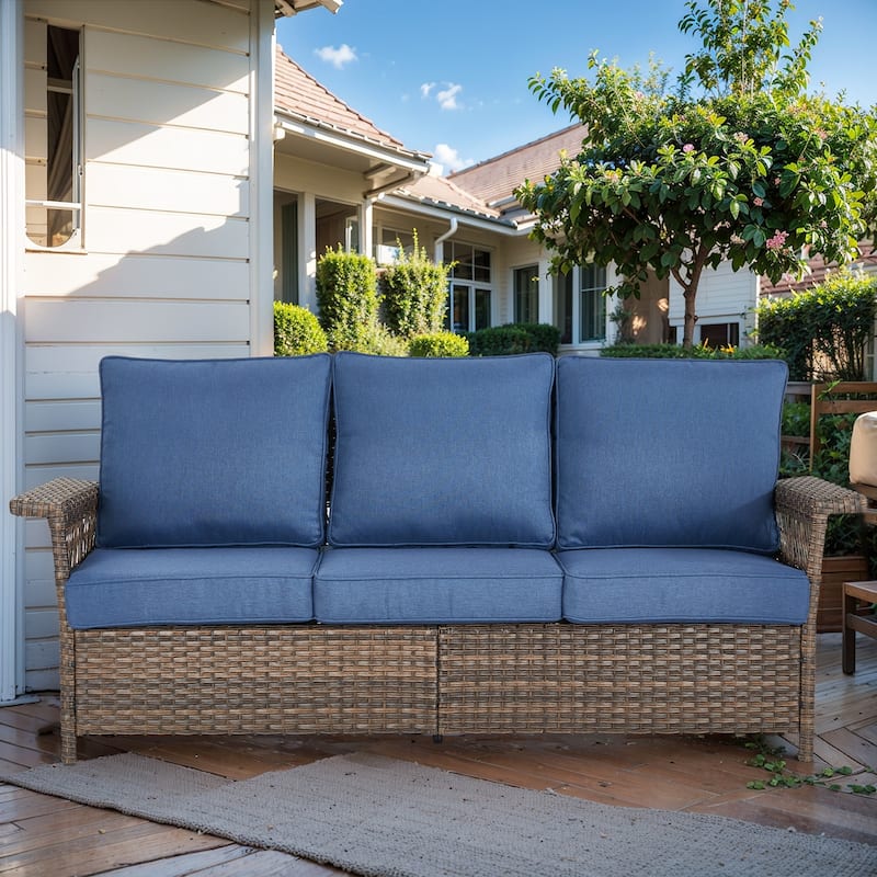 Outdoor Rattan Sofa with Cushion - Brown - Blue