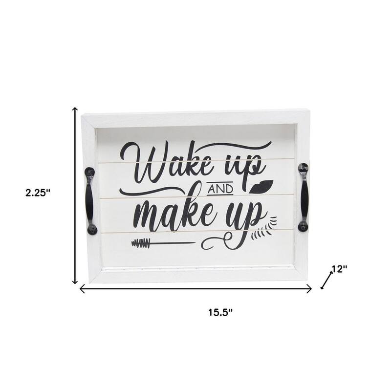 HomeRoots 16" White And Black Wake Up and make up Serving Tray With Handles And LED Lights - 15.50 in. x 2.25 in. x 12.00 in.
