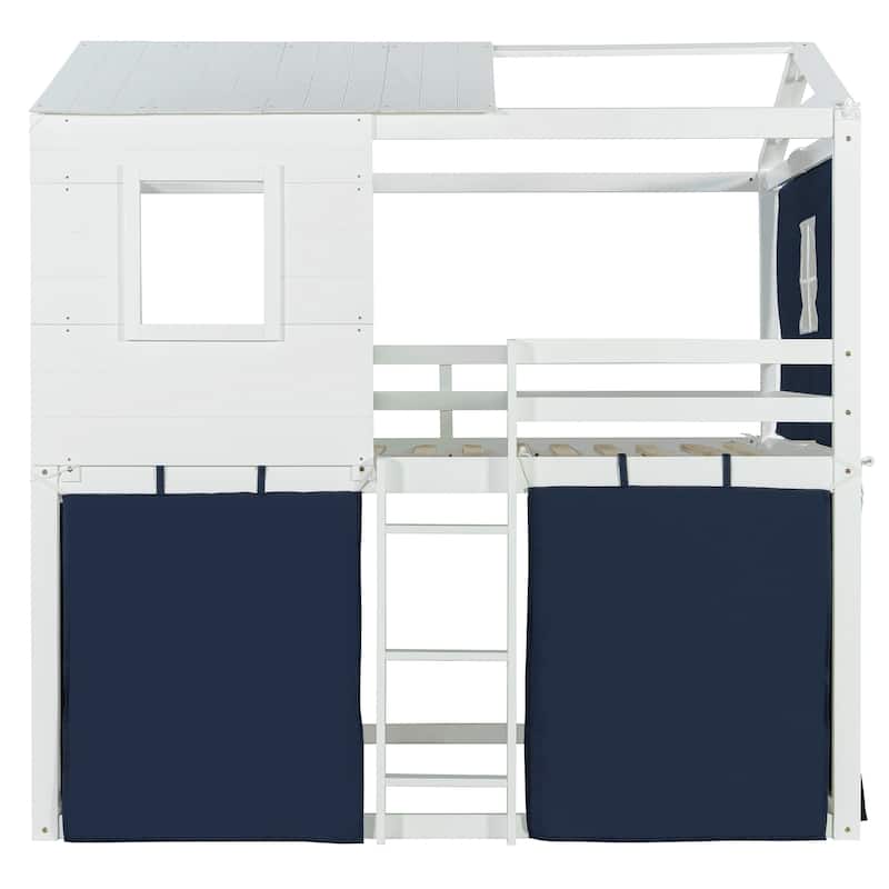 Full Size Bunk Bed with Playhouse Tent, Solid Pine Wood Frame and Window Design