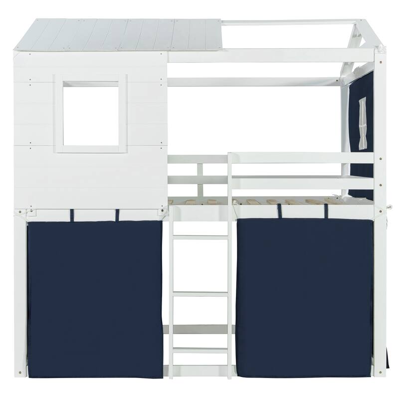 Full Size Kids Playhouse Bunk Bed with Tent Wooden Frame and Sliding Window