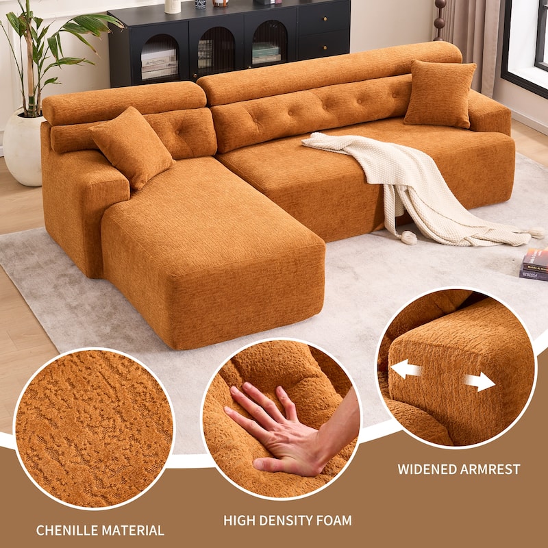 105" Wood Grain Chenille 3-Seater Sectional Sofa with Chaise Lounge and 2 Pillows