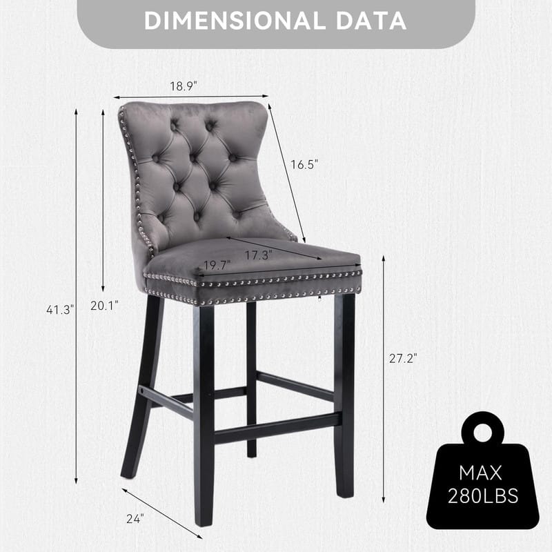 Wing Back Velvet Tufted Nailhead Barstools(Set of 2)