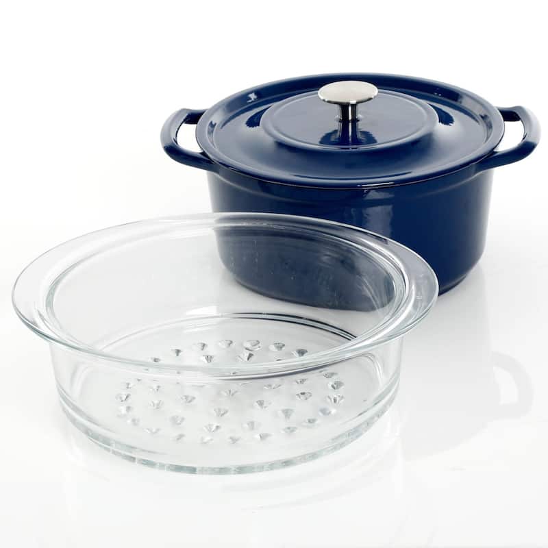 Kenmore Elite Oak Park 5 Quart Enameled Cast Iron Casserole with Lid and Glass Steamer in Blue