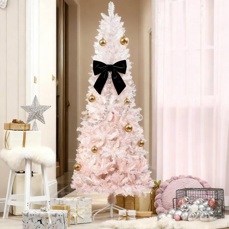 Christmas Trees,Tall Pencil Fir Artificial Christmas Tree with Realistic Branches and Steel Base - Pink,White