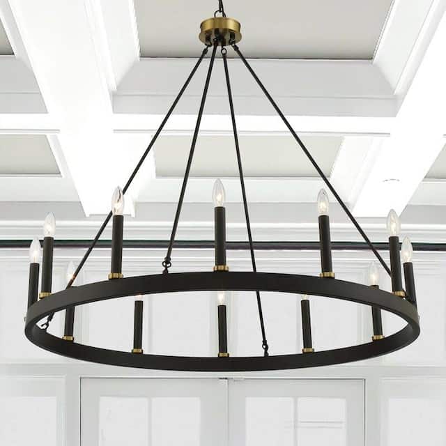 Acroma 12 Light 40 In Modern Farmhouse Wagon Wheel Chandelier-UL - Black/Brass