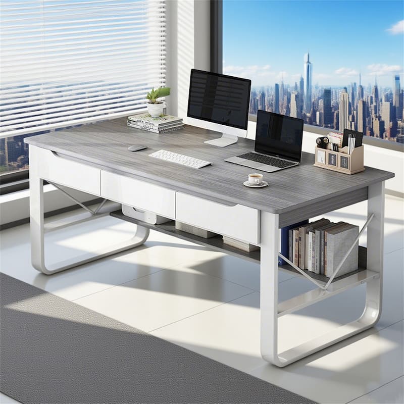 55.12" Rectangle Modern Multi-Functional Computer Desk - Grey White