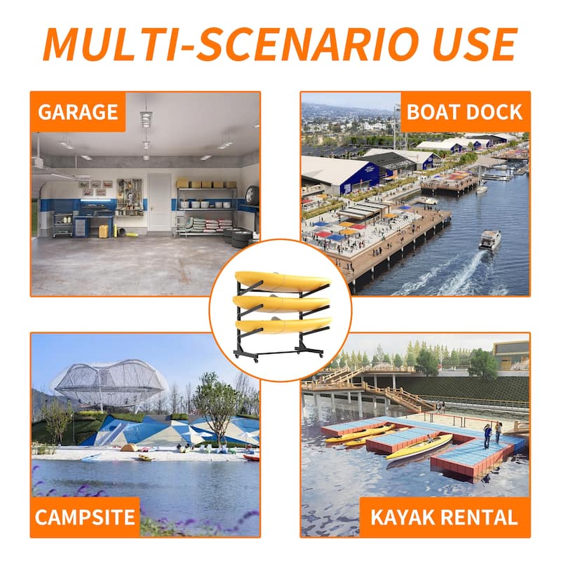 41"H Freestanding Kayak Storage Rack - Holds 3 Kayaks, Heavy-Duty Adjustable Stand with Lockable Wheels for Kayak, Canoe