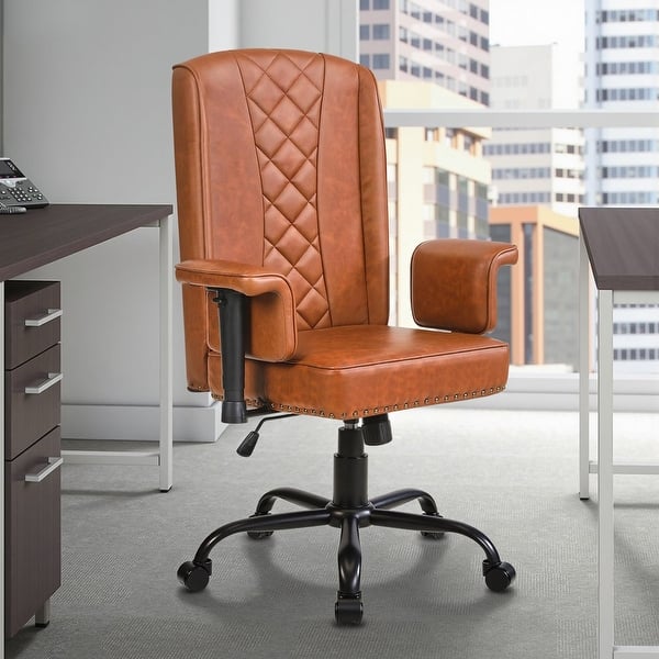 slide 2 of 16, 45° Rotating Armrests Executive Office Chair Adjustable Height High Backrest with 90°-130° Recline PU Leather & Nail Head Trim Brown