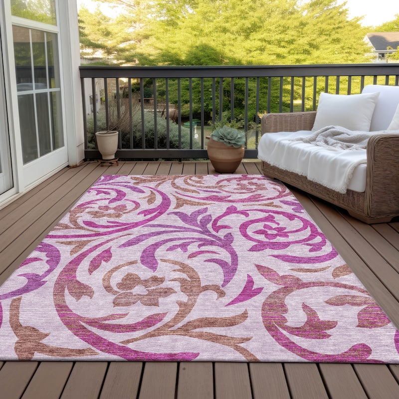 Machine Washable Indoor/ Outdoor Chantille Floral Scroll Rug - Lavender - 10' x 14'