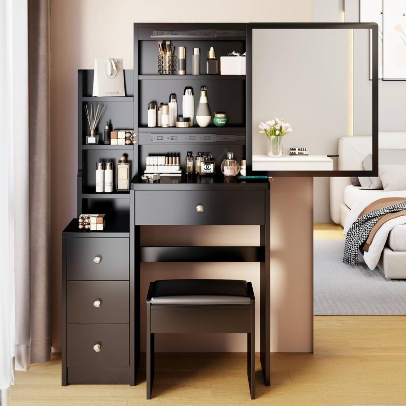 Left Bedside Cabinet Vanity Table,Cushioned Stool,Right sliding mirror,Multi Layer High Capacity Storage,Up To 5.6ft Tall