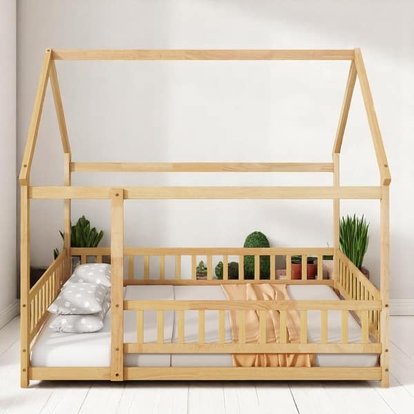 slide 2 of 38, Twin / Full Size Wooden House Bed with Fence and Roof bed Frame, Montessori Style Floor Bed for Kids