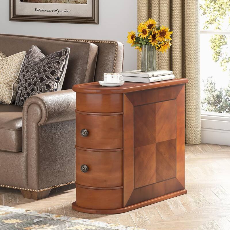 Sofa End Table, Wood Nightstand with 2 Drawers No Assembly Required