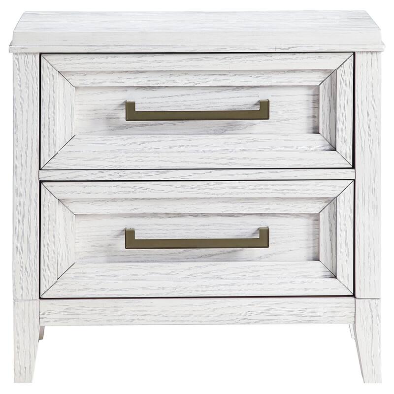 Distressed White 2-Drawer Nightstand with Stepped Fronts, Antique Brass Pulls and Casual Modern Bedroom Design