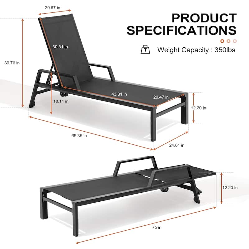 Outdoor Chaise Lounges Patio Lounge Chairs Aluminum with Adjustable Back and Wheels - See Picture