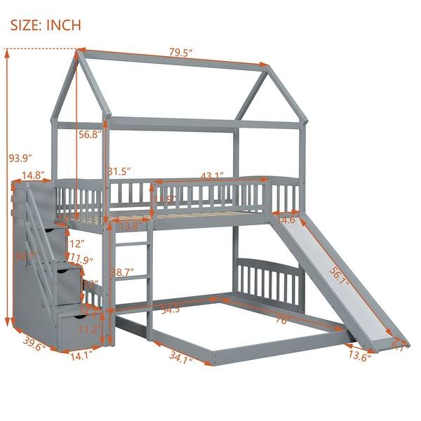 dimension image slide 0 of 2, Twin Over Full Bunk Bed with Slide,House Bed with Slide