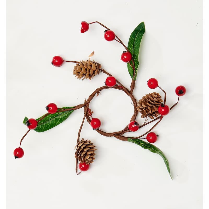2" Red Berries Pine Cone Leaves Candle Ring, Set of 4 - 5