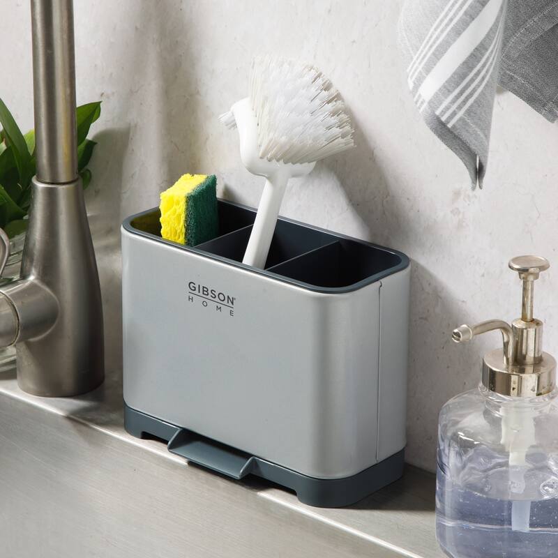 Gibson Home Ledgebrook Sink Caddy - Kitchen Organizer with Metal Panel, Sponge Holder, and Drain Board for Countertop Storage.