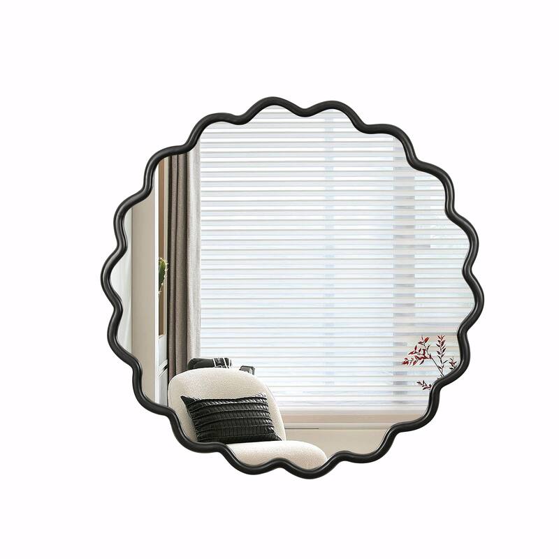 Solid Wood Wavy Round Mirror - Modern Wall Decor