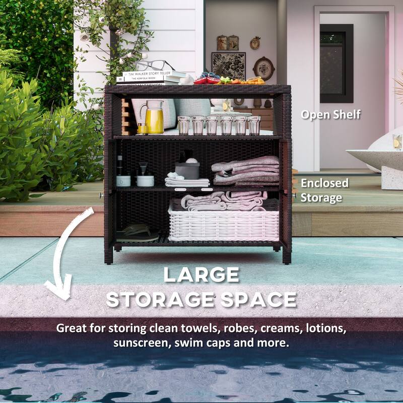 Brown-Teak PE Rattan Outdoor Storage Cabinet with Acacia Wood Top and Shelf - 35.4" W x 20.9" D x 33.9" H