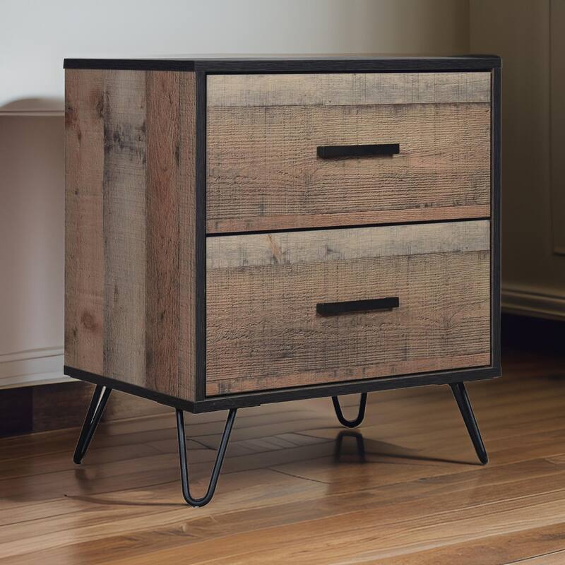 Lala 25 Inch Nightstand, 2 Drawers, Black Handles, Rustic Brown Wood Finish