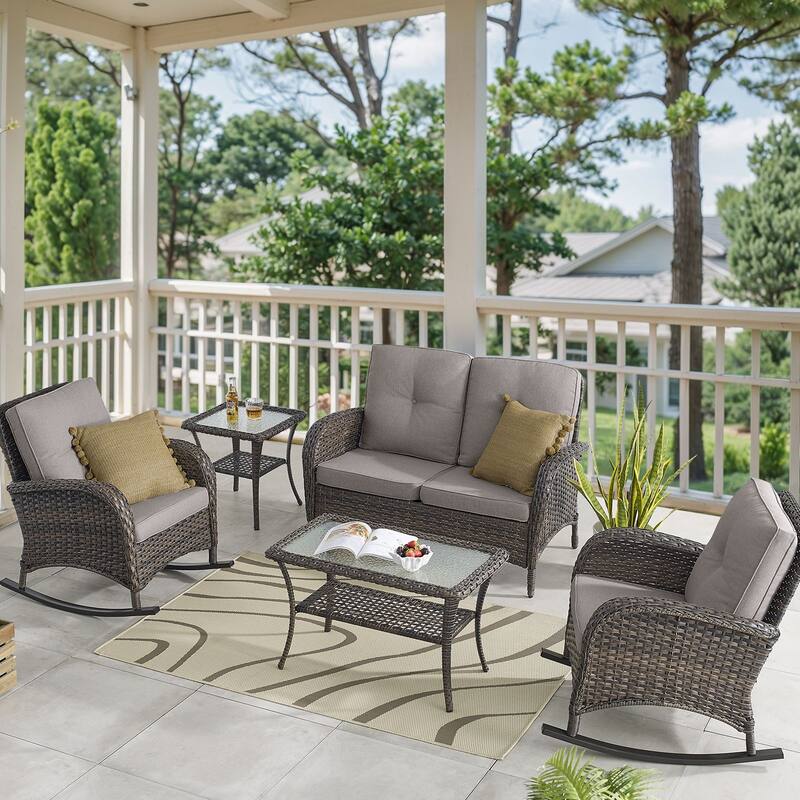 Outdoor Rocking Chair Table with Loveseat - Brown - Grey