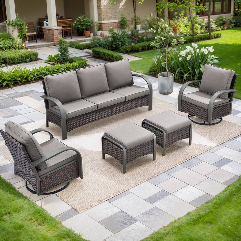 5 Pieces Sofa Swivel Rocker Glider Chairs with Ottomans - Grey Cushion - Brown