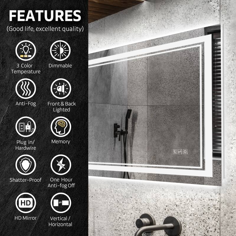 Yulika Front Backlit Lighted Wall Mirror Rectangle Dimmable Vanity Mirror with Anti-Fog & Memory Function