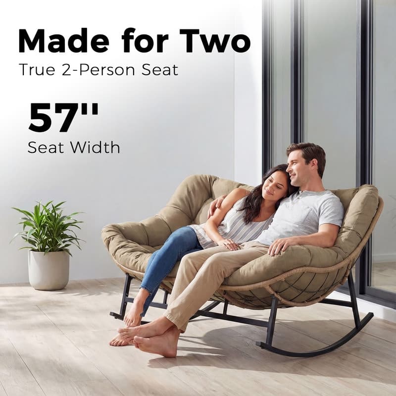 60" Double Papasan Rocking Chair for 2, 700-lb Capacity Wicker Egg Rocker with 5.1" Thick Cushion