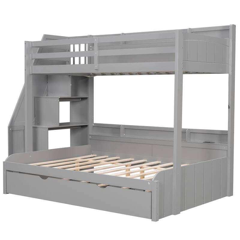GDFStudio - Solid Wood Twin over Full Bunk Bed with Storage Staircase, Trundle, LED & USB