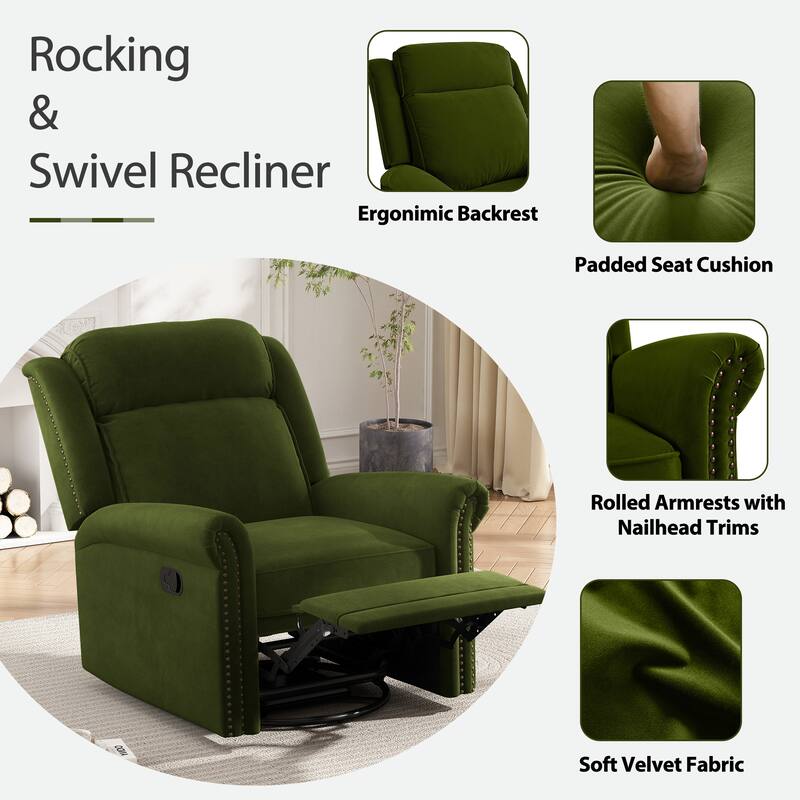 Home Theater Swivel Recliner Chair, Manual Rocking Nursery Rocker w/Adjustable Backrest Rolled Arms Lounge Chair with Rivet Trim