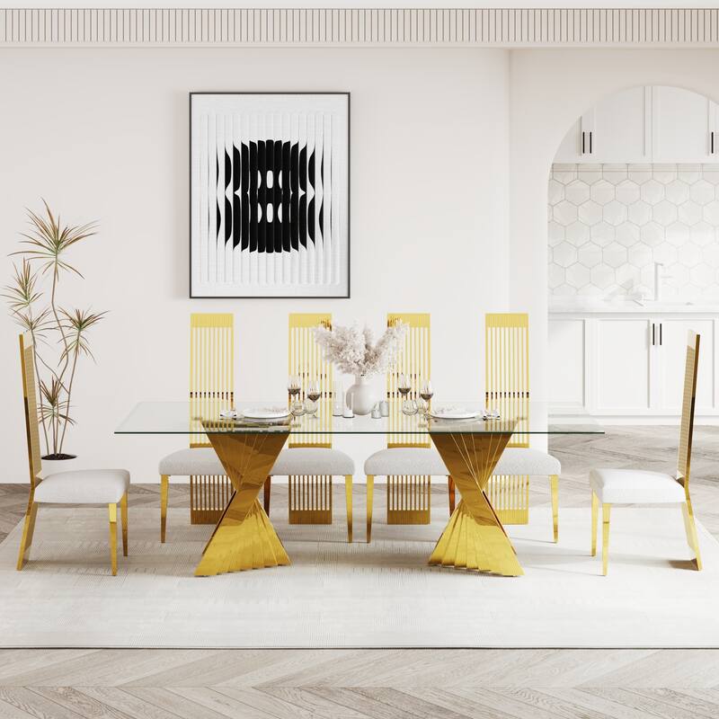 Luxury 78 inch Glass Dining Table with Mirrored Stainless Steel Base