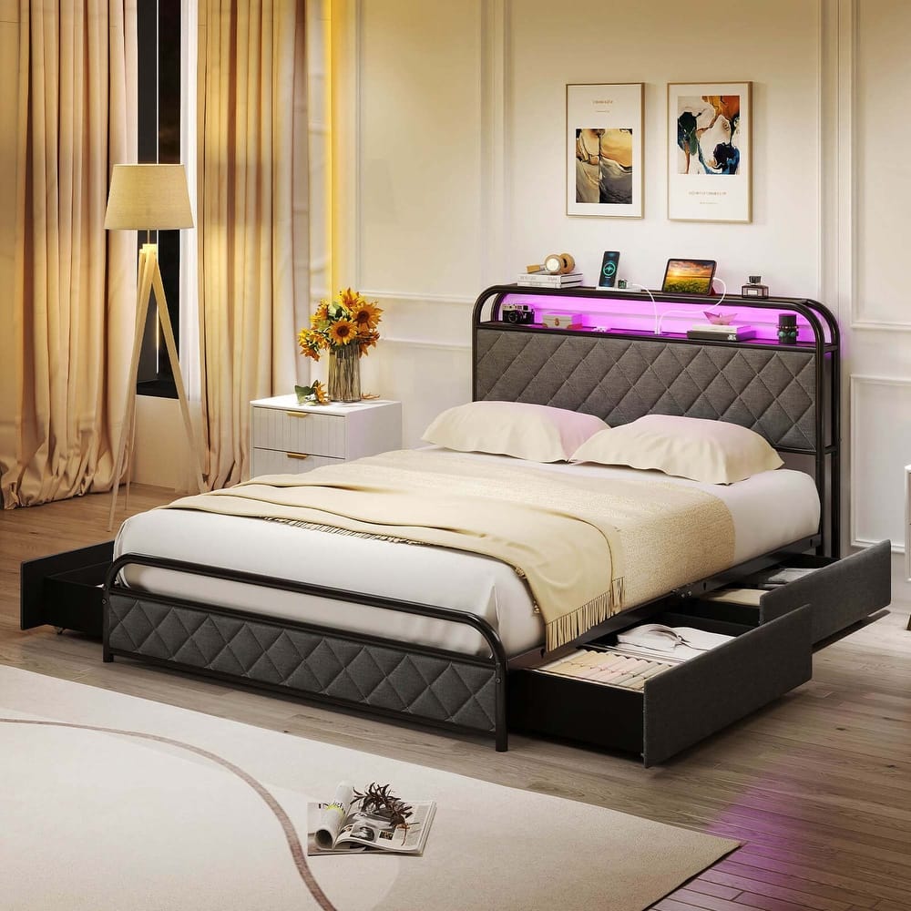 Costway Twin/Full/Queen Size Bed Frame with LED Lights & Charging